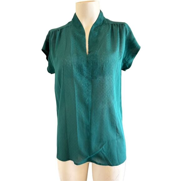 Mandarin collar tiny diamond patch spring emerald green flowy short sleeve blous - Picture 1 of 3